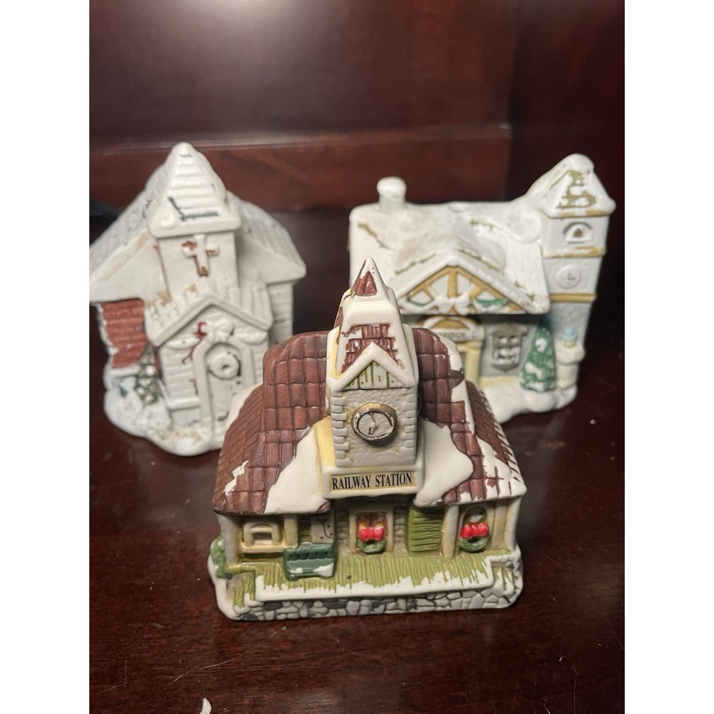 Set of 3 Ceramic Votive Christmas Village Candle Holders